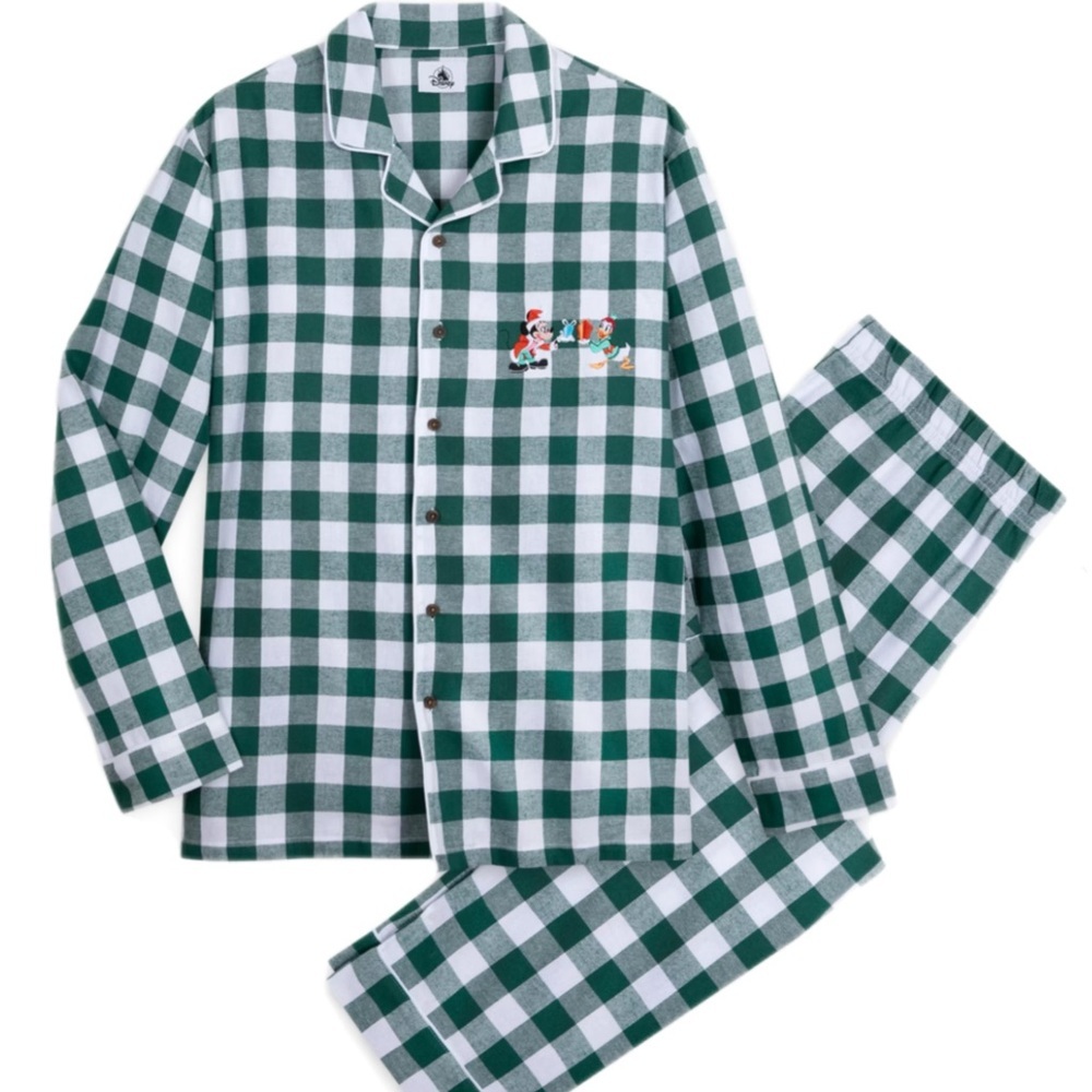 Disney green & white checked flannel pajama set w/ Christmas scene embroidery